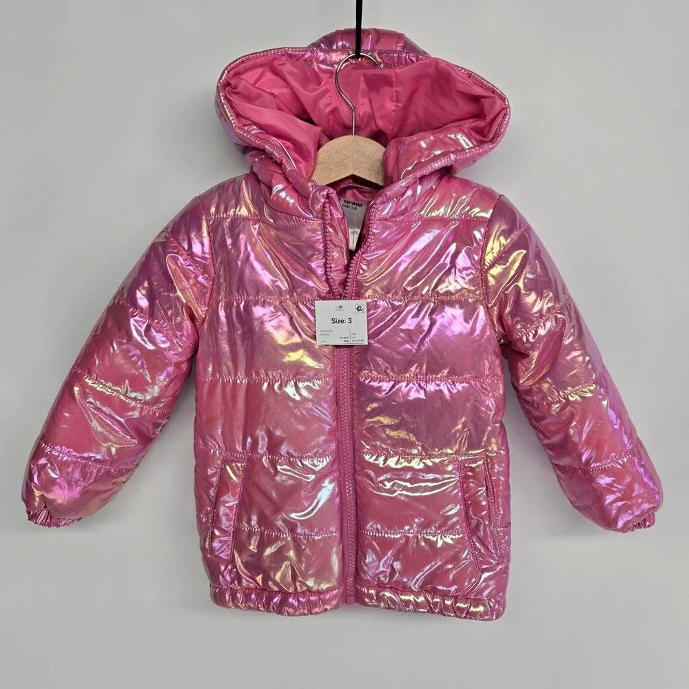 Anko Puffer Jacket Kids‎ Size 3 Pink Metallic Iridescent Hooded Winter Coat NEW